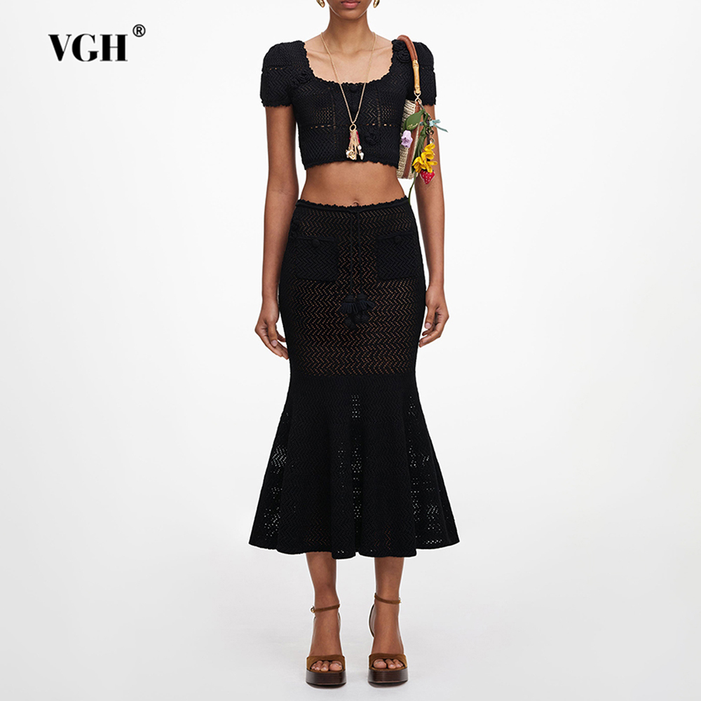 Crop Top Crochet - VGH Schwarzes 3D Blumenmuster Hohlstrick Zweiteiler
