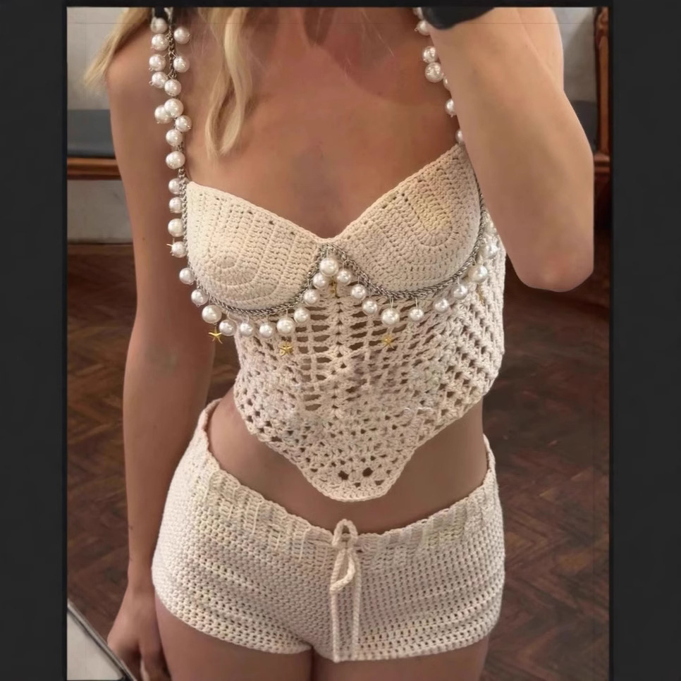Crop Top Crochet - Sexy Perlen Häkeln Crop Weste Shorts