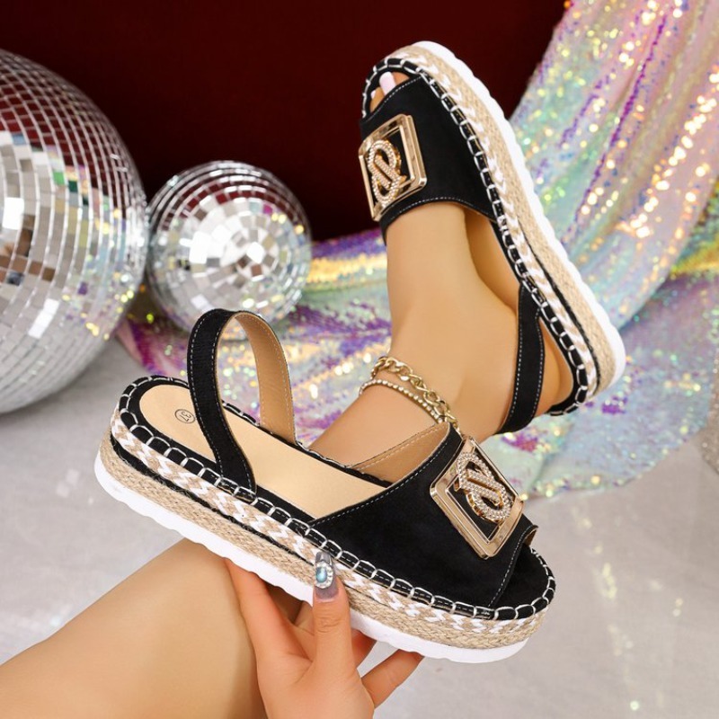 Wedge Espadrille Women - Damen-Plateau-Espadrille-Sandalen mit Strass-Metallschnalle, offener Zehenpartie, Slingback,