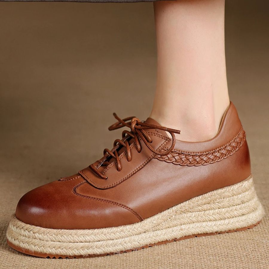 Wedge Espadrille Women - EAGSITY Braune Oxford-Schuhe aus Rindsleder im