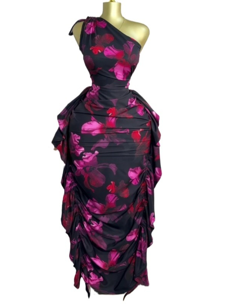 Midi Skirt Floral - Damen-Kleid mit Blumenmuster, schulterfrei, ärmellos, gestapelt,