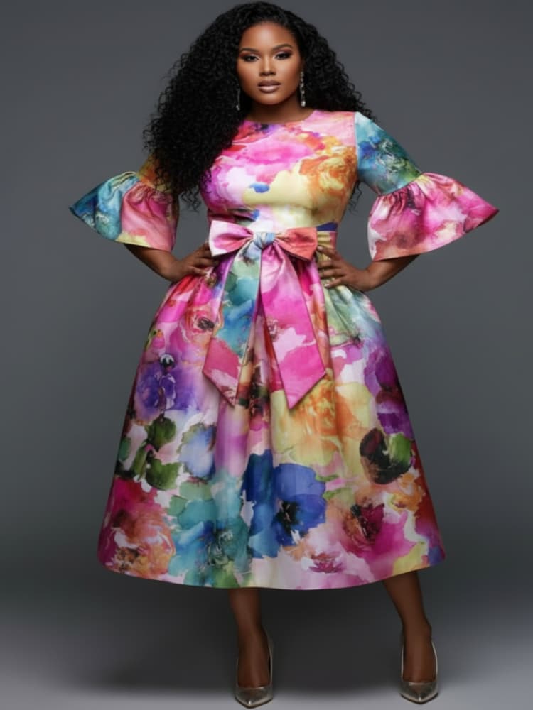 Midi Skirt Floral - Plus-Size-Midikleid mit Rundhalsausschnitt, ausgestellten Ärmeln und